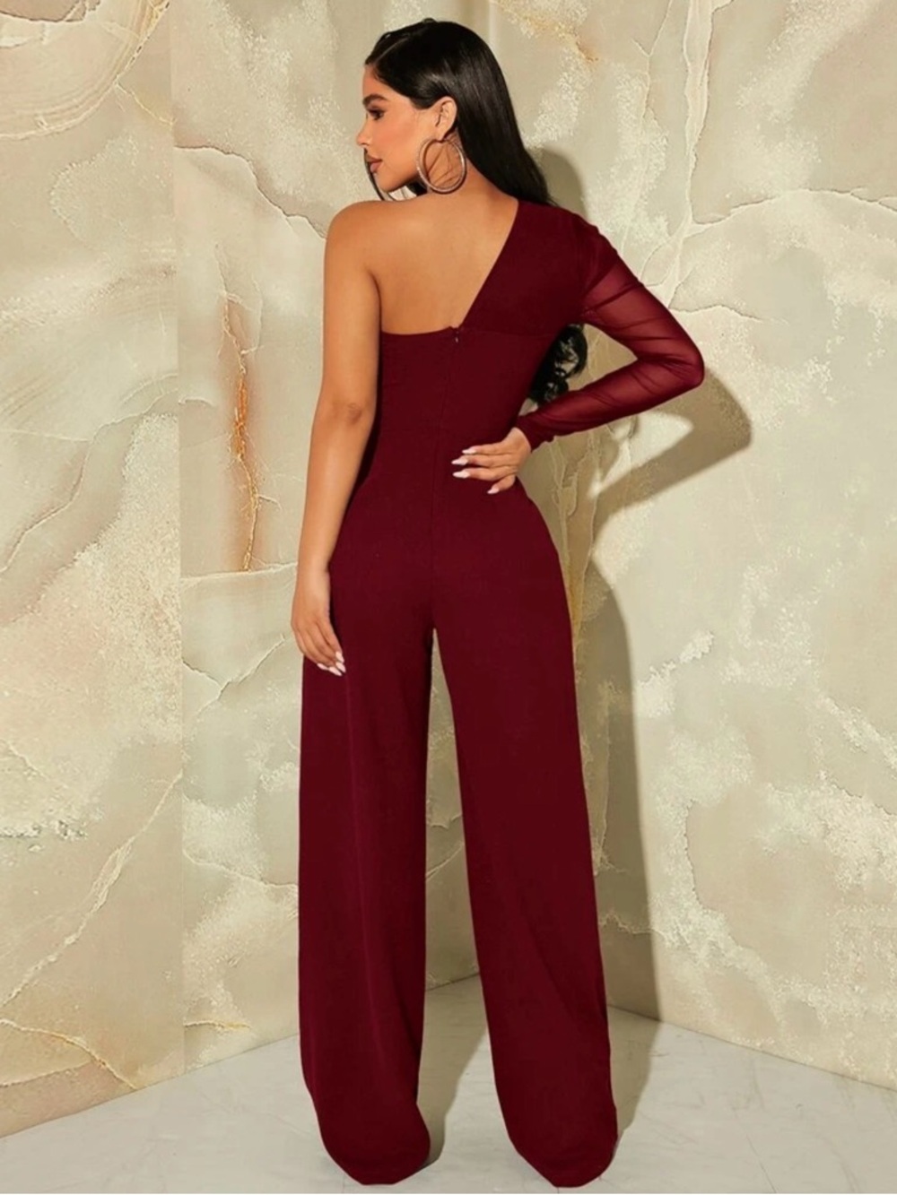SHEIN One-Shoulder Wide-Leg Jumpsuit in Burgundy Red - Picture 2 of 2